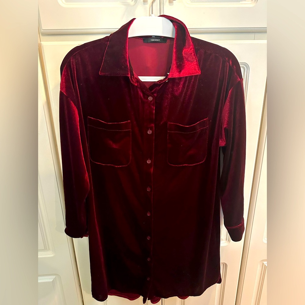 Forever 21 Velvet Red Collared Sleeve Dress